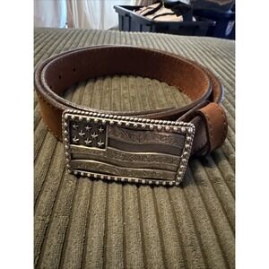 Justins Leather Belt Brown with Flag Buckle Size 36 #C12685 Eeuc